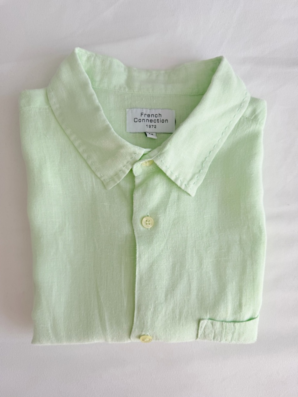 French Connection 100% Linen Lime Mint Green Short Sleeve Button Down Shirt